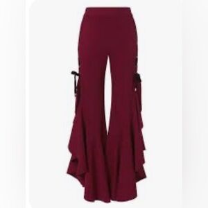 Jonathan Simkhai Burgundy Flare Pants with Ruffle Accents